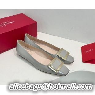 Classic Hot Roger Vivier Belle Vivier Metal Buckle Ballerinas Flat in Patent Leather Light Grey 611163