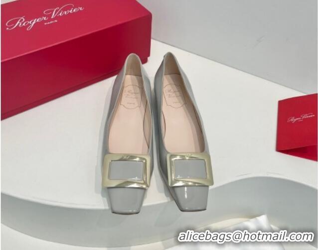 Classic Hot Roger Vivier Belle Vivier Metal Buckle Ballerinas Flat in Patent Leather Light Grey 611163