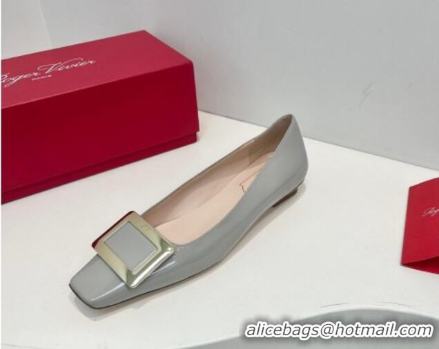 Classic Hot Roger Vivier Belle Vivier Metal Buckle Ballerinas Flat in Patent Leather Light Grey 611163