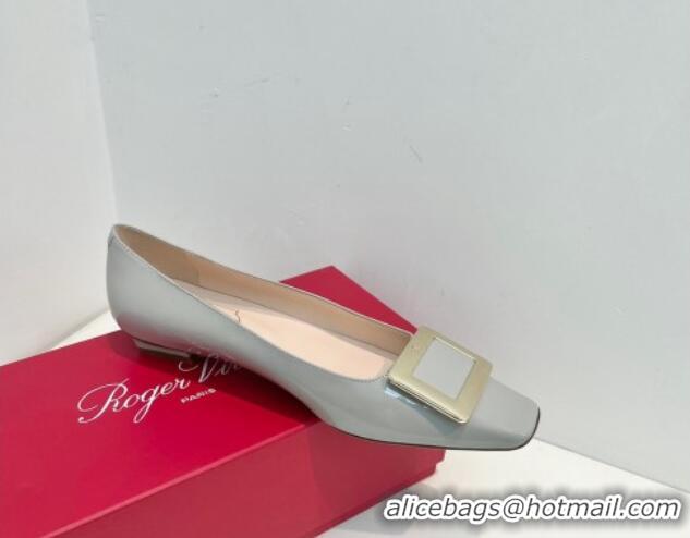 Classic Hot Roger Vivier Belle Vivier Metal Buckle Ballerinas Flat in Patent Leather Light Grey 611163