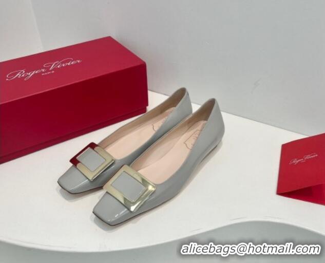 Classic Hot Roger Vivier Belle Vivier Metal Buckle Ballerinas Flat in Patent Leather Light Grey 611163