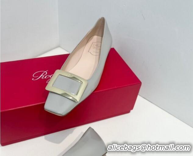 Classic Hot Roger Vivier Belle Vivier Metal Buckle Ballerinas Flat in Patent Leather Light Grey 611163