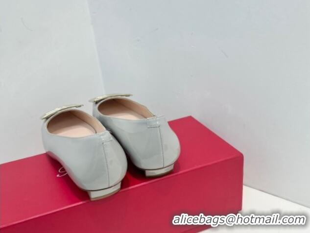 Classic Hot Roger Vivier Belle Vivier Metal Buckle Ballerinas Flat in Patent Leather Light Grey 611163