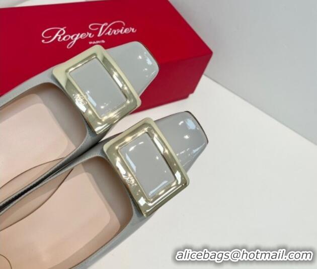 Classic Hot Roger Vivier Belle Vivier Metal Buckle Ballerinas Flat in Patent Leather Light Grey 611163