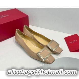 Good Quality Roger Vivier Belle Vivier Metal Buckle Ballerinas Flat in Patent Leather Beige 611168