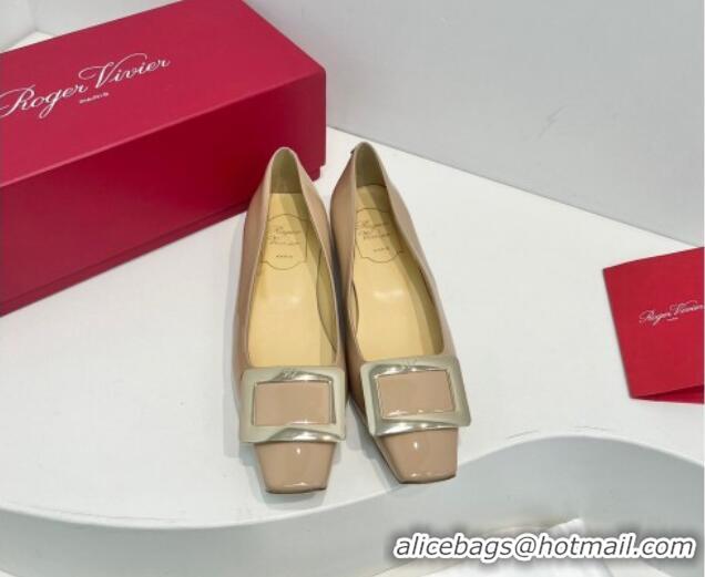 Good Quality Roger Vivier Belle Vivier Metal Buckle Ballerinas Flat in Patent Leather Beige 611168