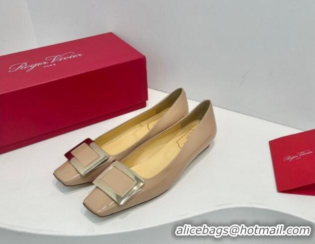 Good Quality Roger Vivier Belle Vivier Metal Buckle Ballerinas Flat in Patent Leather Beige 611168