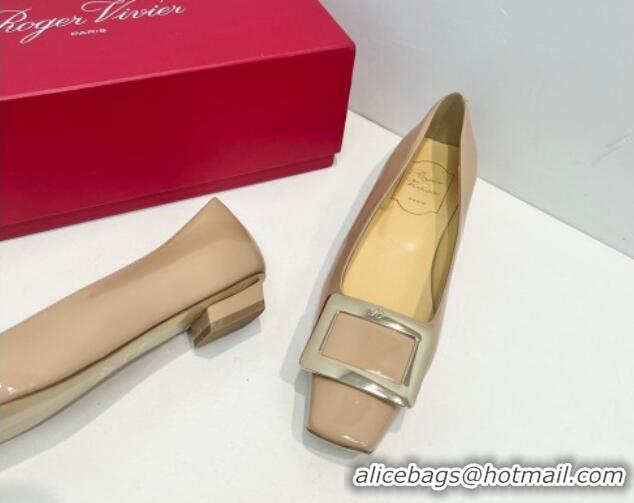 Good Quality Roger Vivier Belle Vivier Metal Buckle Ballerinas Flat in Patent Leather Beige 611168