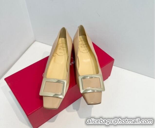 Good Quality Roger Vivier Belle Vivier Metal Buckle Ballerinas Flat in Patent Leather Beige 611168