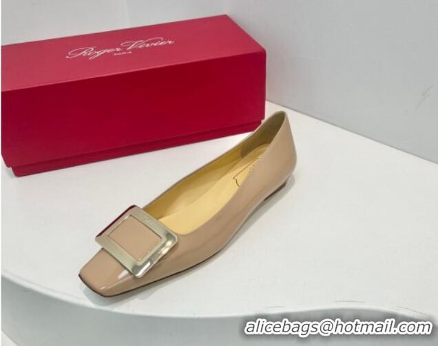 Good Quality Roger Vivier Belle Vivier Metal Buckle Ballerinas Flat in Patent Leather Beige 611168