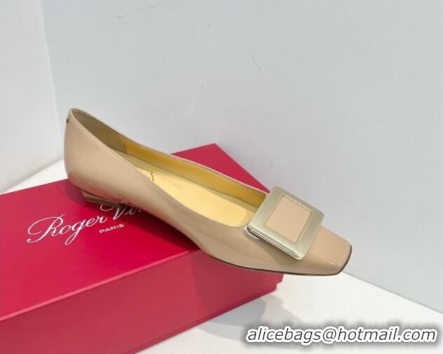 Good Quality Roger Vivier Belle Vivier Metal Buckle Ballerinas Flat in Patent Leather Beige 611168