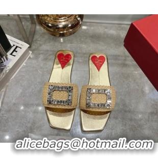 Duplicate Roger Vivier Strass Buckle Flat Slides Sandal in Raffia Straw Beige 611171