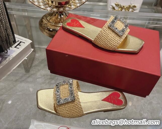 Duplicate Roger Vivier Strass Buckle Flat Slides Sandal in Raffia Straw Beige 611171