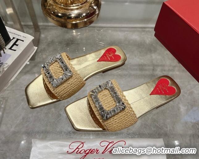 Duplicate Roger Vivier Strass Buckle Flat Slides Sandal in Raffia Straw Beige 611171