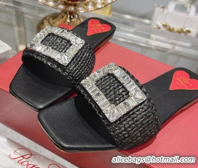 Good Looking Roger Vivier Strass Buckle Flat Slides Sandal in Raffia Straw Black 611172