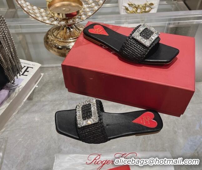 Good Looking Roger Vivier Strass Buckle Flat Slides Sandal in Raffia Straw Black 611172