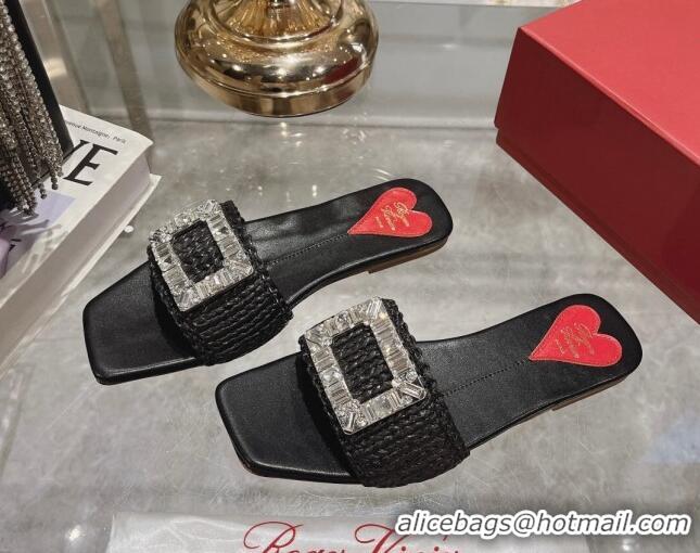 Good Looking Roger Vivier Strass Buckle Flat Slides Sandal in Raffia Straw Black 611172