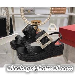 Most Popular Roger Vivier Strass Buckle Wedge Sandals in Raffia Straw Black 611173