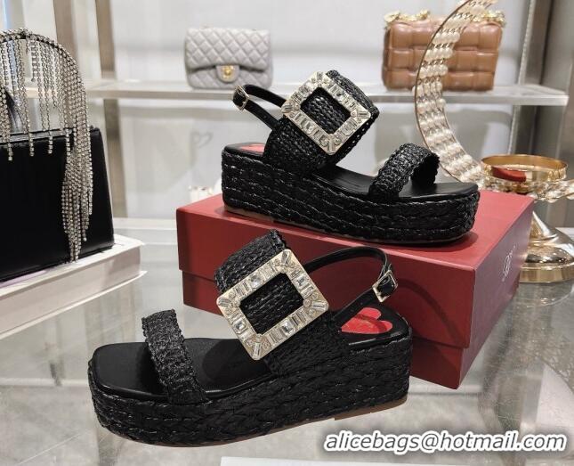 Most Popular Roger Vivier Strass Buckle Wedge Sandals in Raffia Straw Black 611173