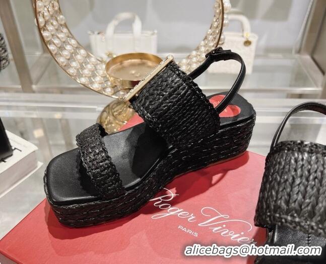 Most Popular Roger Vivier Strass Buckle Wedge Sandals in Raffia Straw Black 611173