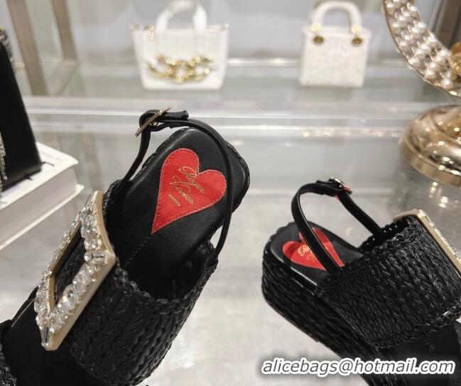 Most Popular Roger Vivier Strass Buckle Wedge Sandals in Raffia Straw Black 611173