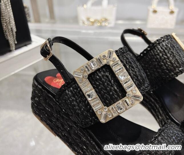 Most Popular Roger Vivier Strass Buckle Wedge Sandals in Raffia Straw Black 611173