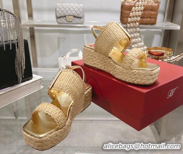 Popular Style Roger Vivier Strass Buckle Wedge Sandals in Raffia Straw Beige 611174