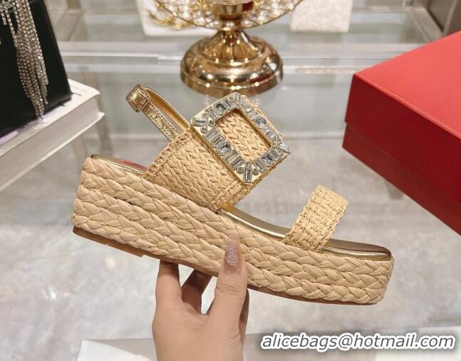 Popular Style Roger Vivier Strass Buckle Wedge Sandals in Raffia Straw Beige 611174