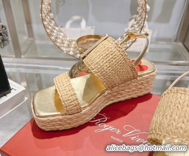 Popular Style Roger Vivier Strass Buckle Wedge Sandals in Raffia Straw Beige 611174