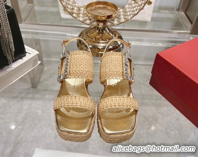 Popular Style Roger Vivier Strass Buckle Wedge Sandals in Raffia Straw Beige 611174