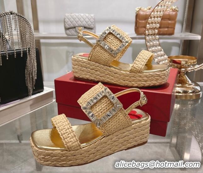 Popular Style Roger Vivier Strass Buckle Wedge Sandals in Raffia Straw Beige 611174