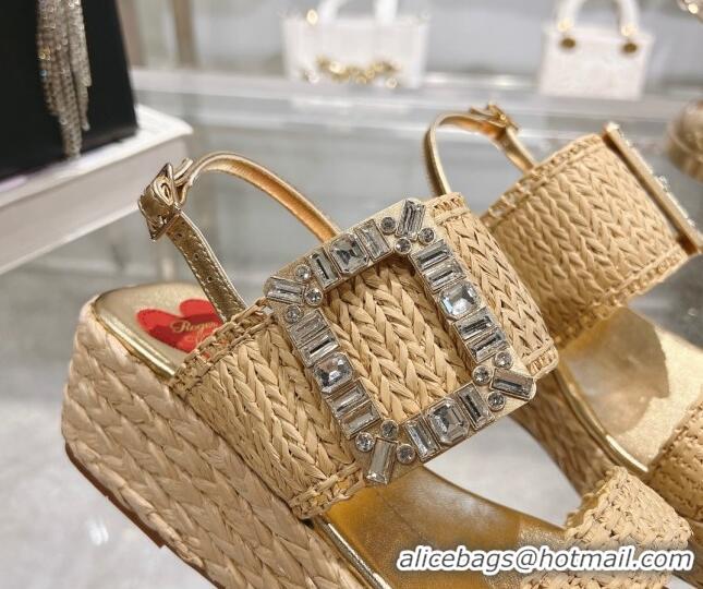 Popular Style Roger Vivier Strass Buckle Wedge Sandals in Raffia Straw Beige 611174