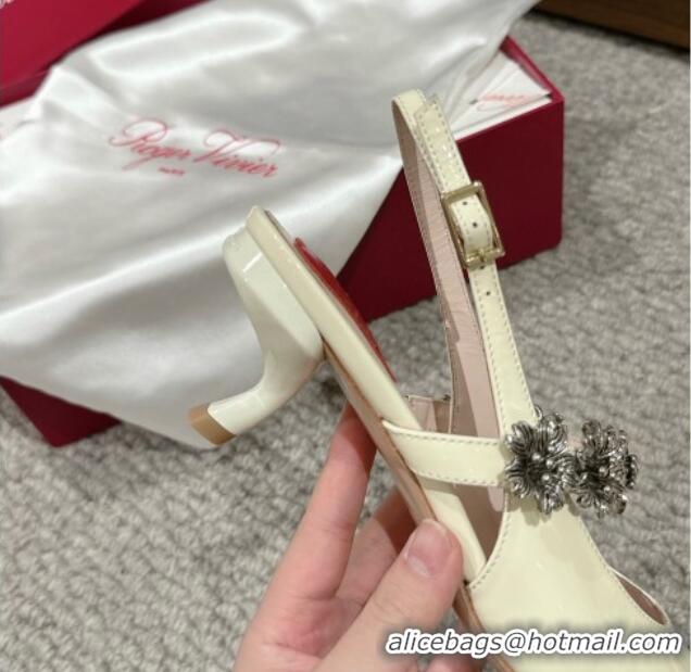 Buy Luxury Roger Vivier Virgule Flower Slingback Pumps 5.5cm in Patent Leather White 704030