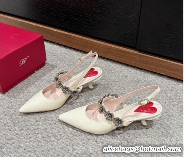 Buy Luxury Roger Vivier Virgule Flower Slingback Pumps 5.5cm in Patent Leather White 704030