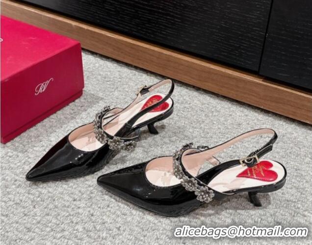 Shop Duplicate Roger Vivier Virgule Flower Slingback Pumps 5.5cm in Patent Leather Black 704031