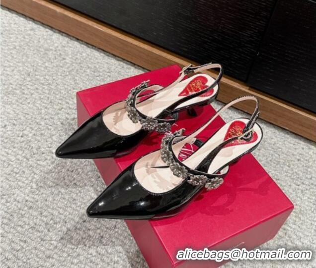 Shop Duplicate Roger Vivier Virgule Flower Slingback Pumps 5.5cm in Patent Leather Black 704031