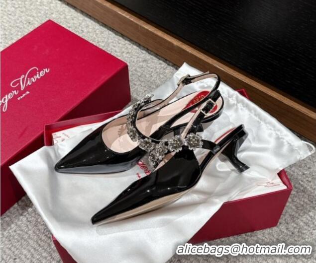 Shop Duplicate Roger Vivier Virgule Flower Slingback Pumps 5.5cm in Patent Leather Black 704031