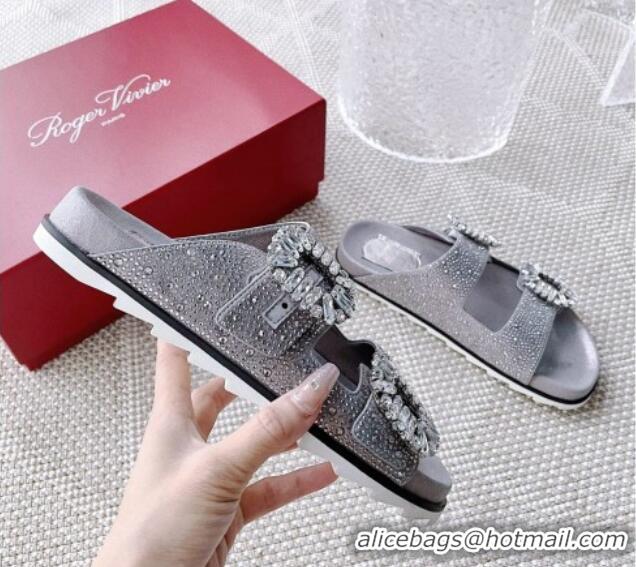 Top Design Roger Vivier Slidy Viv' Strass Buckle Slides Sandal Grey 704035