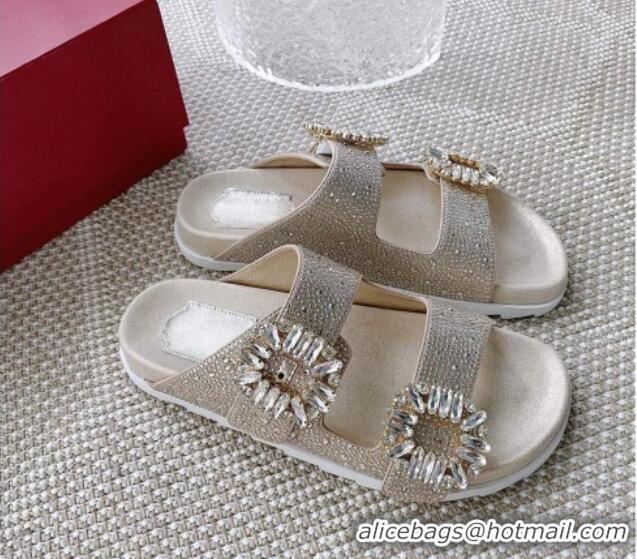 Stylish Roger Vivier Slidy Viv' Strass Buckle Slides Sandal Gold 704036