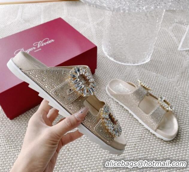 Stylish Roger Vivier Slidy Viv' Strass Buckle Slides Sandal Gold 704036