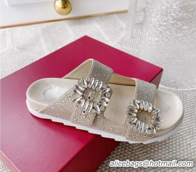 Stylish Roger Vivier Slidy Viv' Strass Buckle Slides Sandal Gold 704036