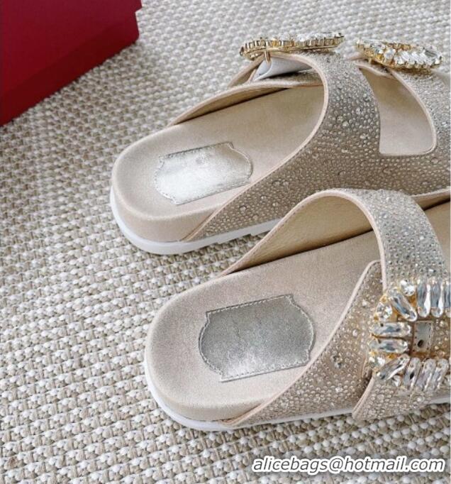 Stylish Roger Vivier Slidy Viv' Strass Buckle Slides Sandal Gold 704036