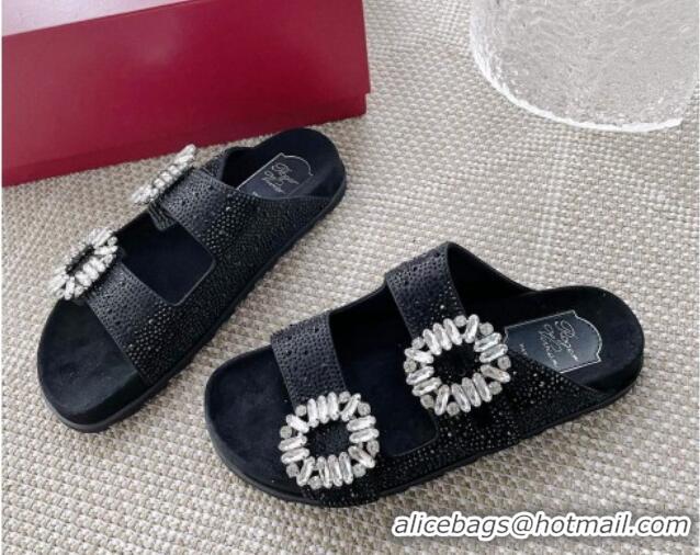 Sumptuous Roger Vivier Slidy Viv' Strass Buckle Slides Sandal Black 704037