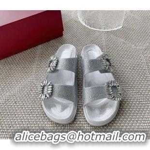 Charming Roger Vivier Slidy Viv' Strass Buckle Slides Sandal Silver 704038