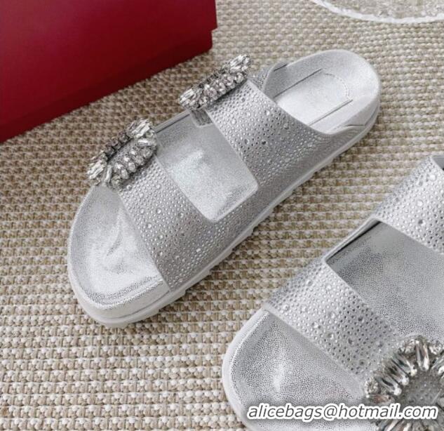 Charming Roger Vivier Slidy Viv' Strass Buckle Slides Sandal Silver 704038