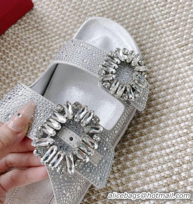 Charming Roger Vivier Slidy Viv' Strass Buckle Slides Sandal Silver 704038