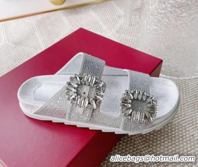 Charming Roger Vivier Slidy Viv' Strass Buckle Slides Sandal Silver 704038