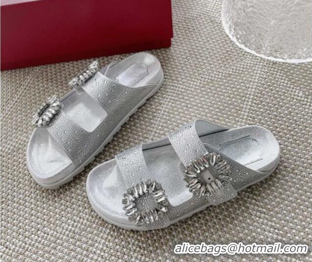 Charming Roger Vivier Slidy Viv' Strass Buckle Slides Sandal Silver 704038