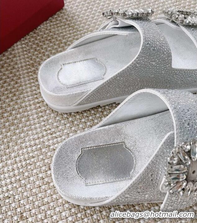 Charming Roger Vivier Slidy Viv' Strass Buckle Slides Sandal Silver 704038