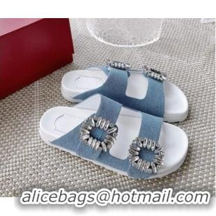 Luxury Roger Vivier Slidy Viv' Strass Buckle Slides Sandal in Light Blue Denim 704039